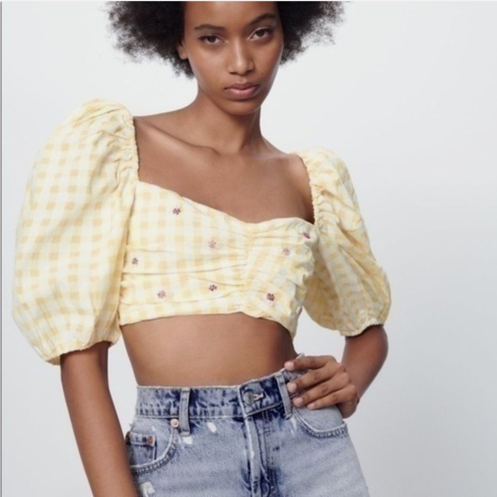 Zara Yellow Gingham Puff Sleeve Crop Top